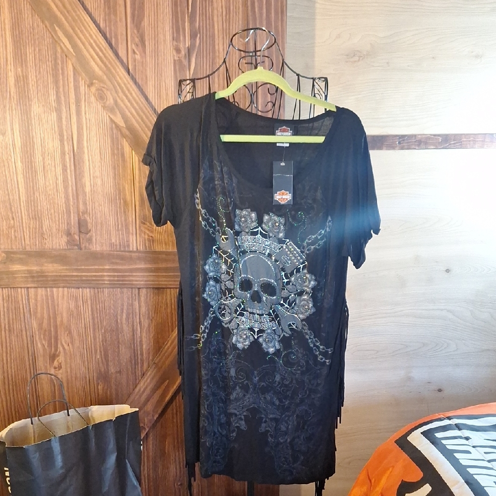 NWT Harley-Davidson Black Graphic Skull Fringe Tunic